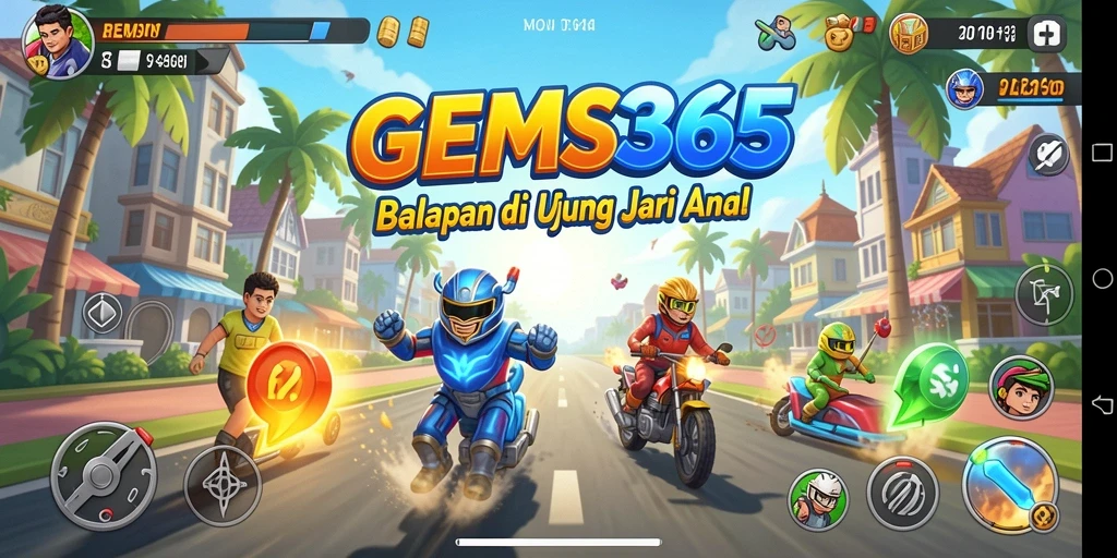 Screenshot GEMS365 menampilkan aksi balapan yang mendebarkan.