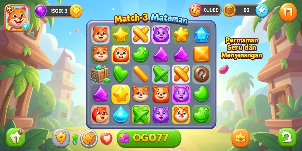 Tangkapan layar GOGO77 menampilkan aksi permainan Match-3 yang seru dan penuh warna.