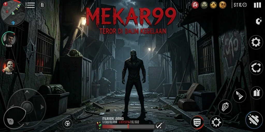 Screenshot gameplay MEKAR99 menunjukkan suasana menyeramkan dalam kegelapan.
