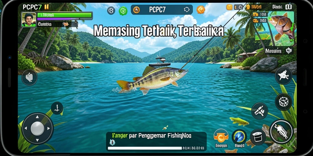 Screenshot utama PCPC7 yang menampilkan aksi memancing di perairan yang indah.