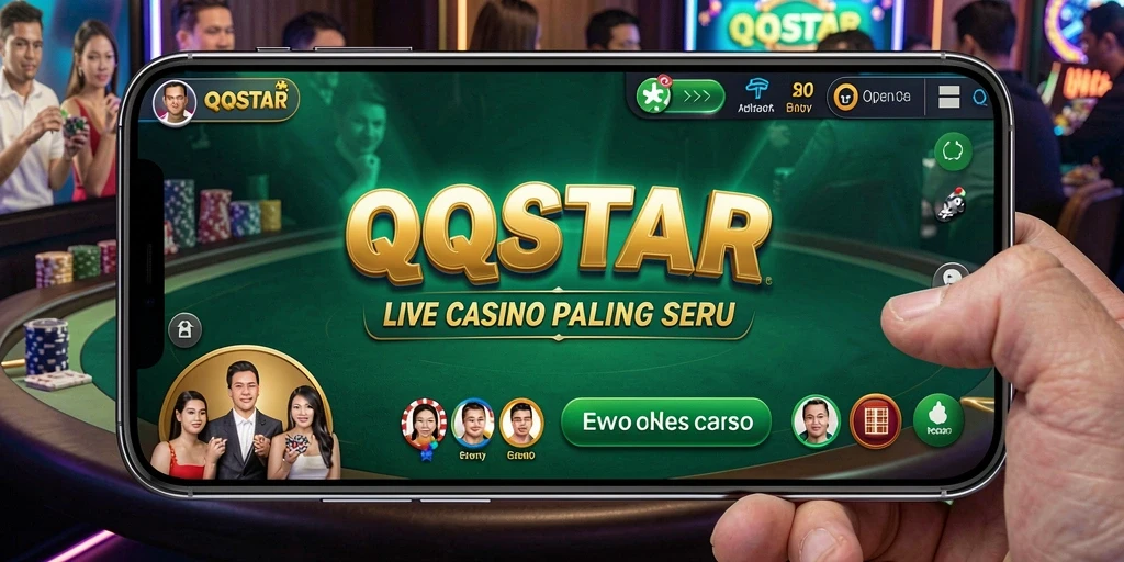 Tangkapan layar gameplay QQSTAR menunjukkan dealer live dalam aksi di permainan kasino.