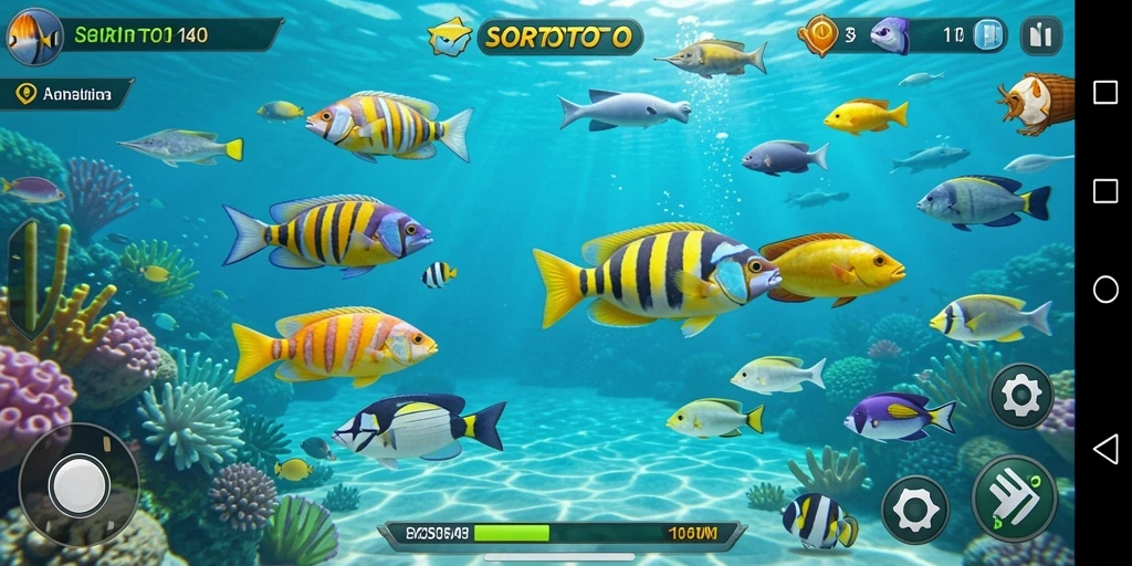 Tampilan gameplay SORTOTO dengan aksi Tembak Ikan yang seru.